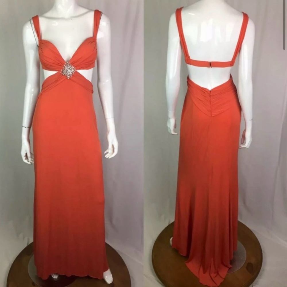 Vintage Cache Mary L Couture Orange/Red Rhinestone Cut out Maxi Dress Size 2